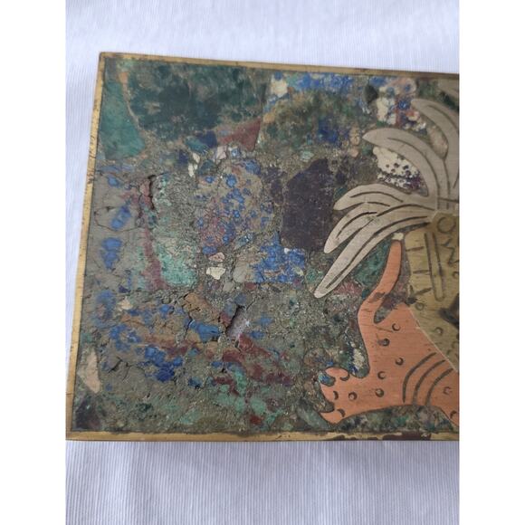 VTG Tribal Mexican Trinket Box Mixed Metal & Semi-Precious Stone Mosaic Hinged - Picture 4 of 9